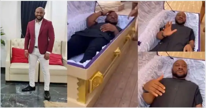 “Na romance film we dey shoot o” – Actor, Yul Edochie says as he lies inside a coffin (video)