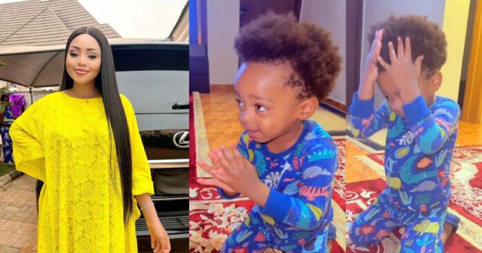 Reactions As 2yrs Old Son Of Regina Daniels Went On His Knees To Beg For Her Forgiveness (VIDEO)