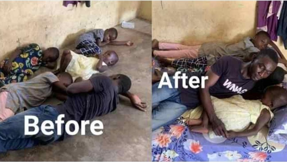 Single father who sleeps on bare floor with his 4 children get favour from a good Samaritan who provides him bed